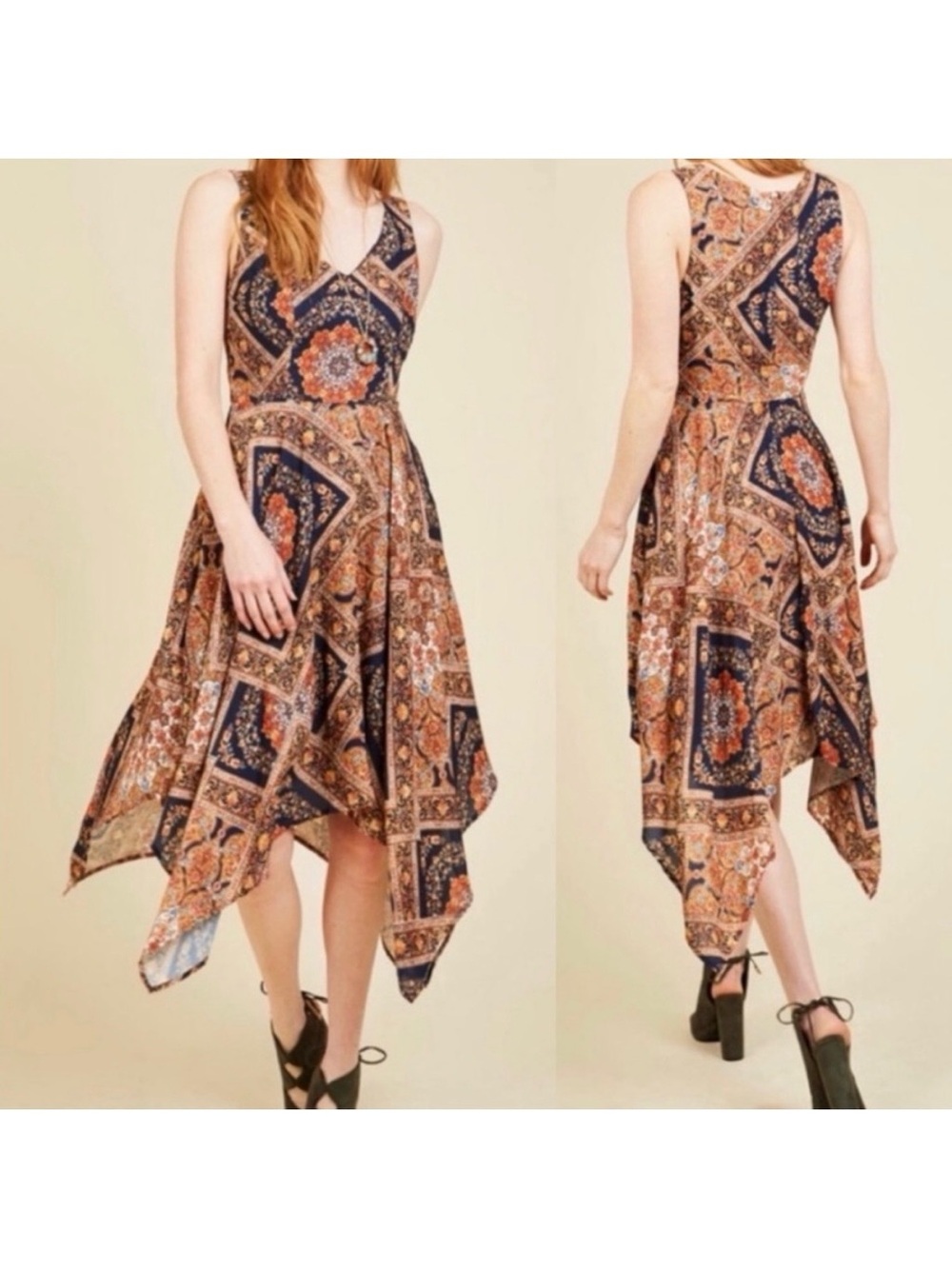 ModCloth Evening In Athens Handkerchief Hem Midi Dress Patchwork Grecian Print